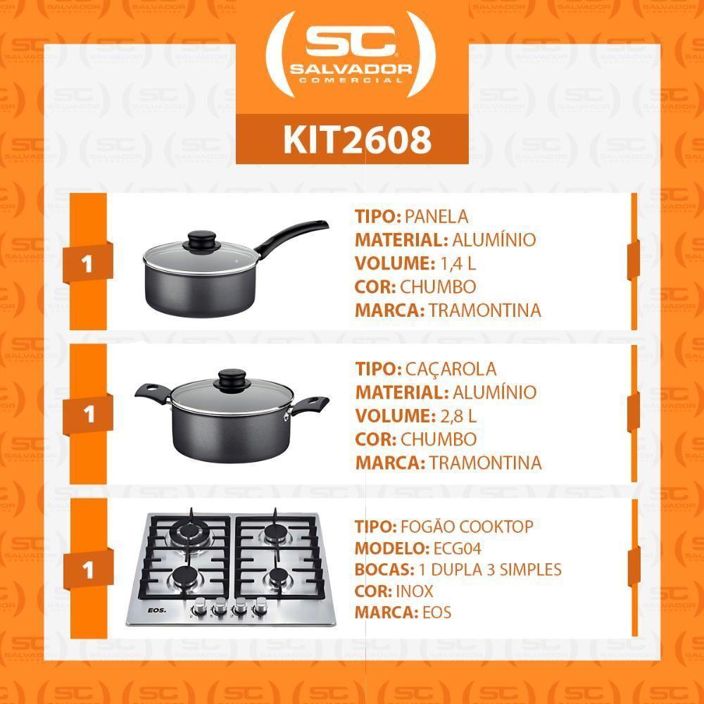 Fogão Cooktop Inox A Gás 4 Bocas 1 Dupla ECG04 Eos + 2 Panelas Tramontina Turim Bivolt - 2