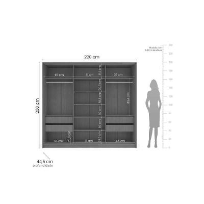 Guarda Roupa Casal Porto 3 Portas de Correr 4 Gavetas Branco-Cinza Politorno