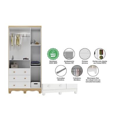 Guarda Roupa Infantil Solteiro Tedy 3 Portas de Bater 3 Gavetas Branco MDF Móveis Peroba
