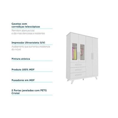 Guarda Roupa Infantil Solteiro Quarto Retrô 4 Portas Bater 3 Gavetas Branco-Amêndoa Móveis