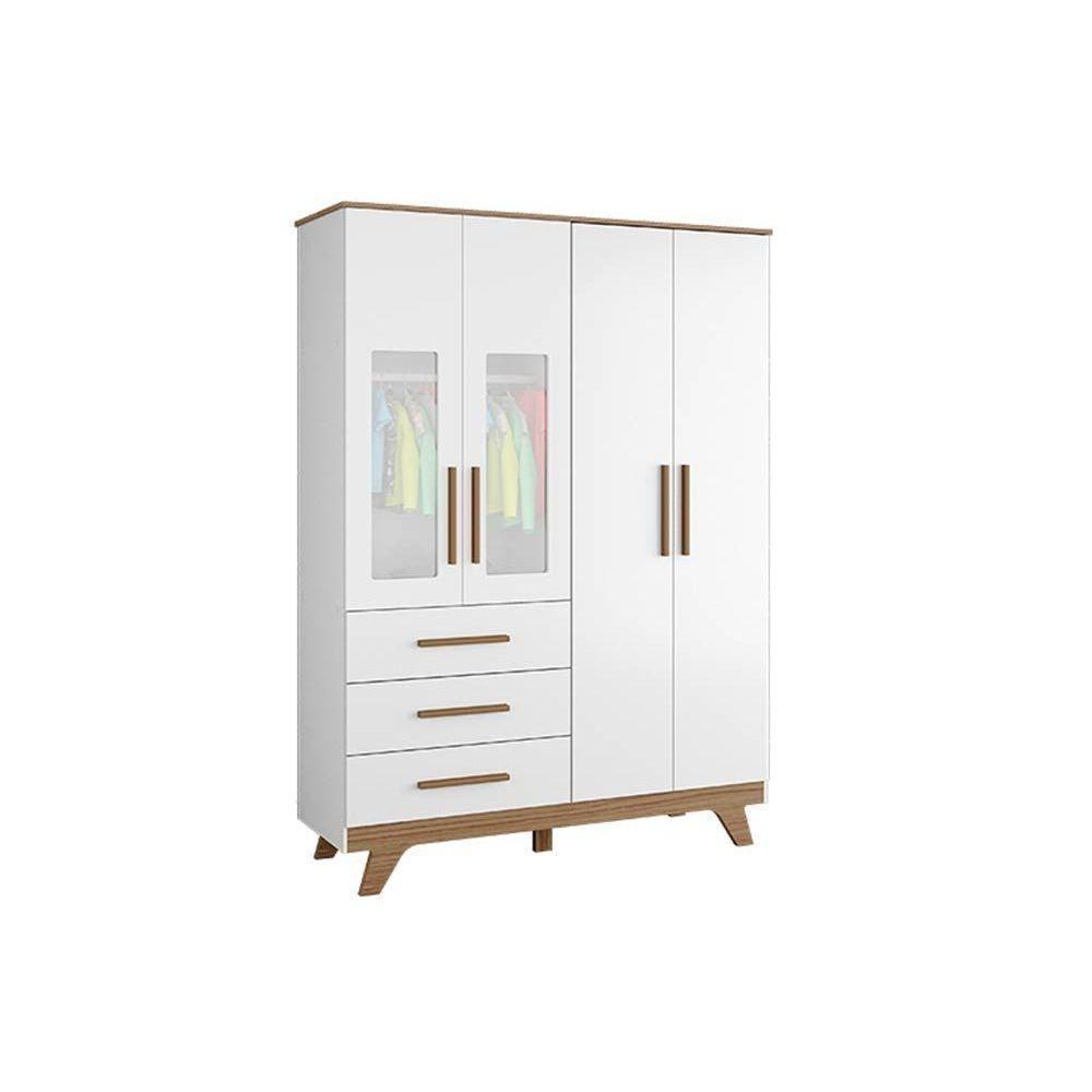 Guarda Roupa 3 Portas C/ 4 Portas (2 Cristal) E 4 Gavetas Retrô Branco/amendoa - Peroba - 1