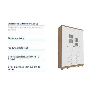 Guarda Roupa Infantil Solteiro Uli 4 Portas de Bater 3 Gavetas Branco-Amêndoa MDF Móveis