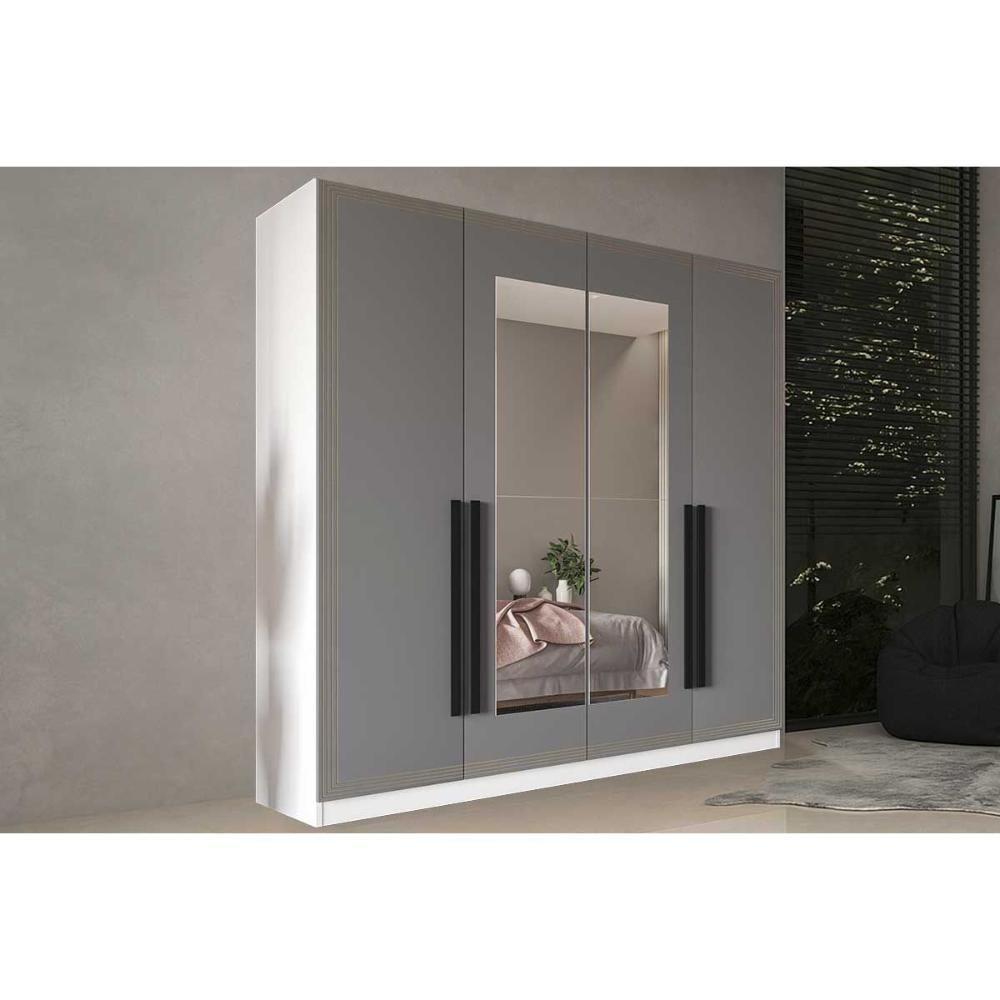 Guarda Roupa 4 Portas (2 C/ Espelho) E 4 Gavetas Valência Branco/cinza - Politorno - 1