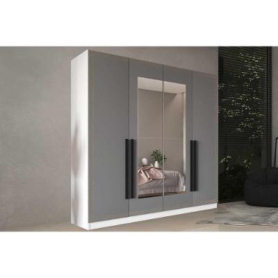 Guarda Roupa Casal Valência 4 Portas de Bater 4 Gavetas Branco-Cinza Politorno