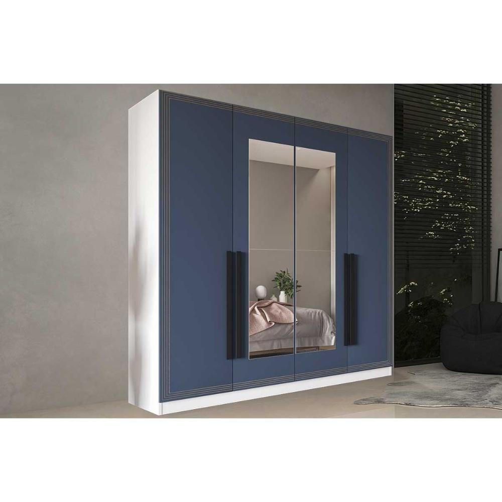 Guarda Roupa 4 Portas (2 C/ Espelho) E 4 Gavetas Valência Branco/azul - Politorno - 1