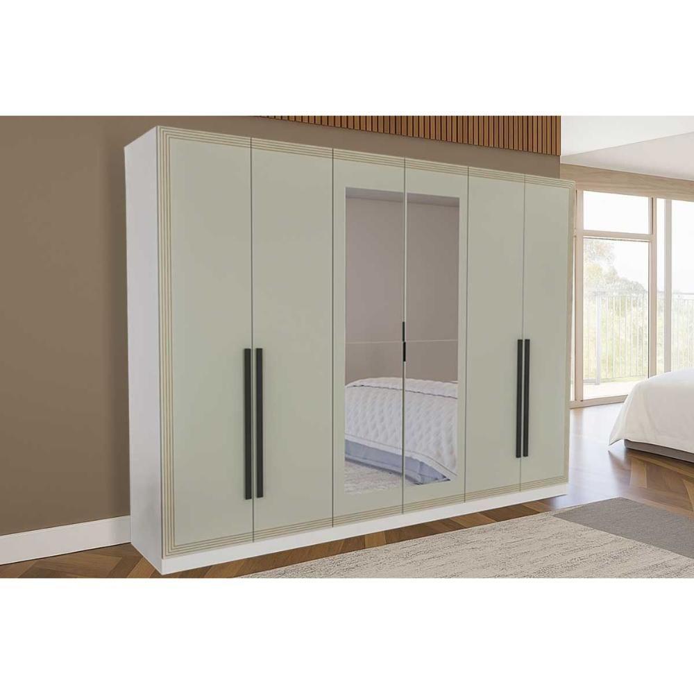 Guarda Roupa 6 Portas (2 C/ Espelho) E 4 Gavetas Valência Branco/verde - Politorno - 1