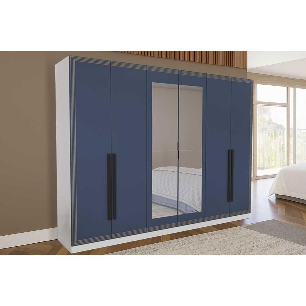 Guarda Roupa 6 Portas (2 C/ Espelho) E 4 Gavetas Valência Branco/azul - Politorno - 1