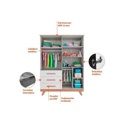 Guarda Roupa Infantil Solteiro Quarto Retrô 4 Portas Bater 3 Gavetas Branco-Amendoa Móveis