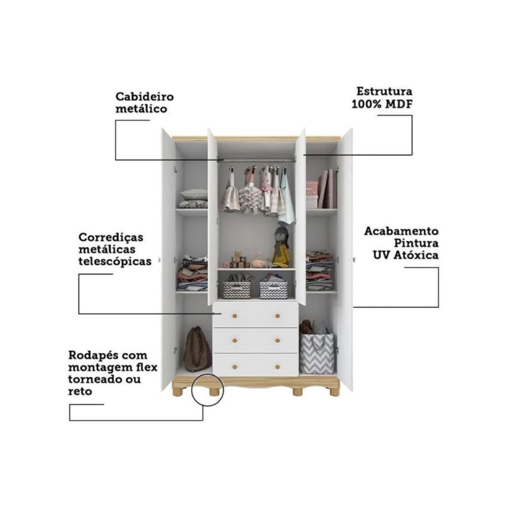 Guarda Roupa 4 Portas C/ E 3 Gavetas Júnior Branco - Peroba - 3