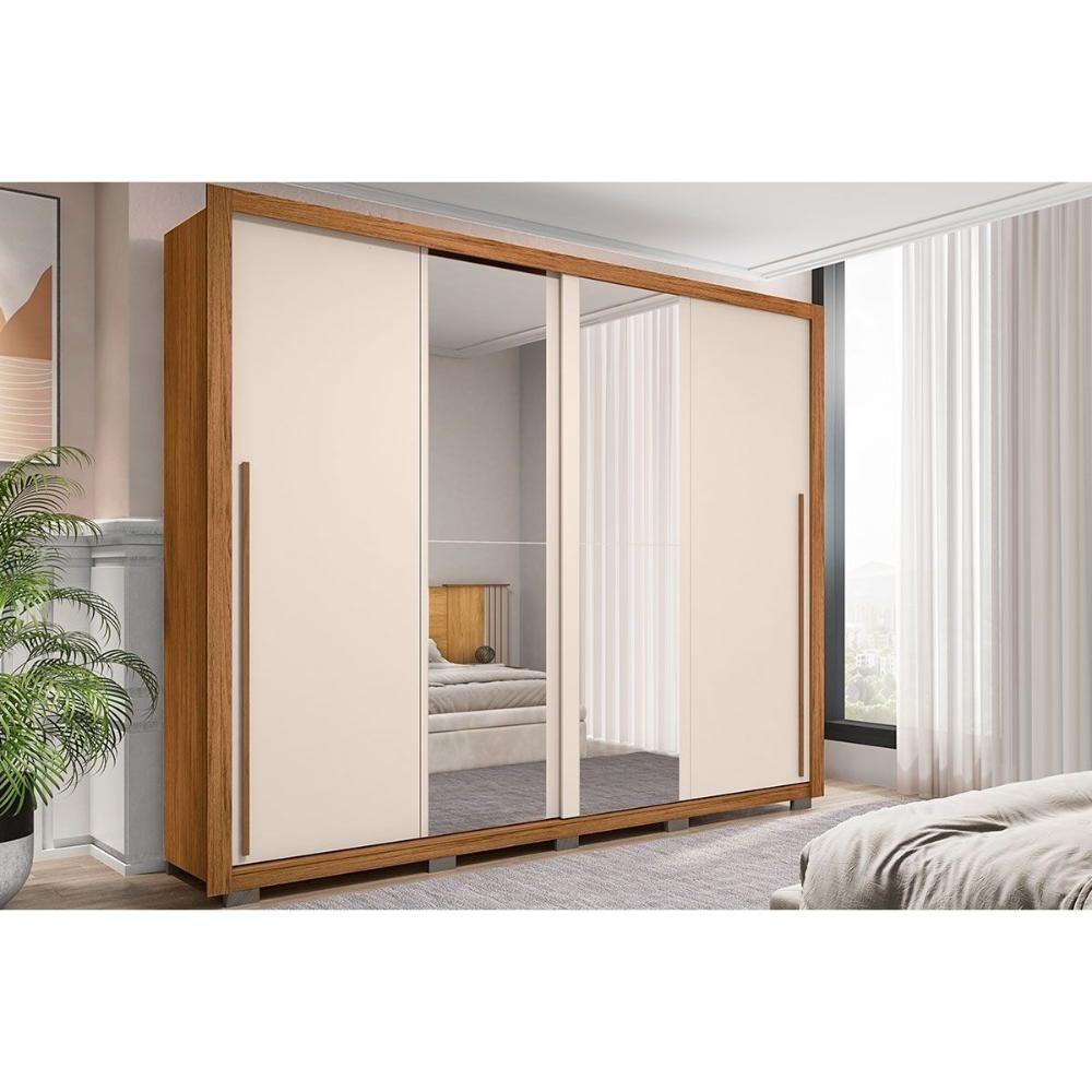 Guarda Roupa Casal 2 Portas De Correr C/ Espelho E 4 Gavetas Praticus Lux Freijo/off White - Caemmun - 1