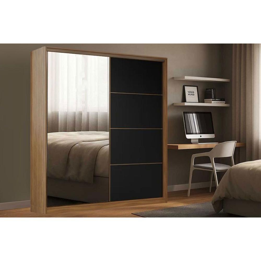 Guarda Roupa Casal 2 Portas De Correr (1 C/ Espelho) E 3 Gavetas Belga Nogueira Touch/preto Prime - Demóbile - 1