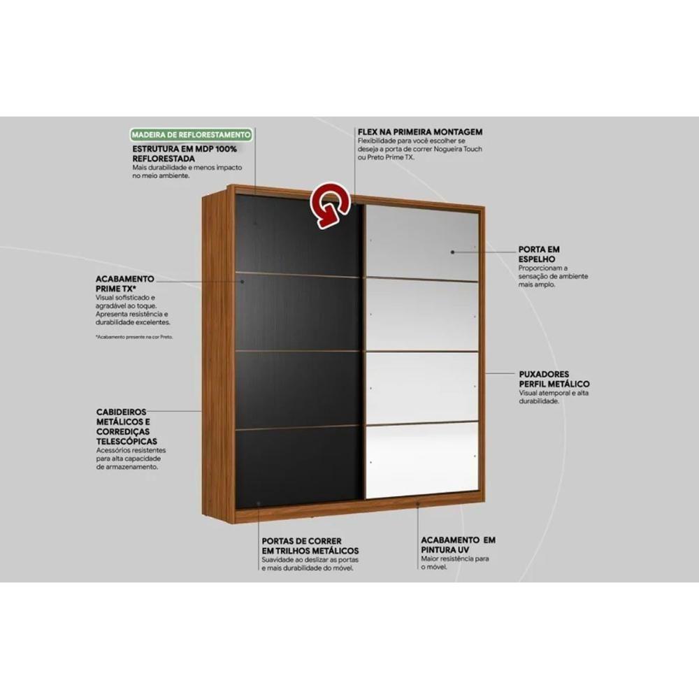 Guarda Roupa Casal 2 Portas De Correr (1 C/ Espelho) E 3 Gavetas Belga Nogueira Touch/preto Prime - Demóbile - 4