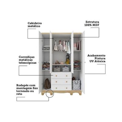 Guarda Roupa Infantil Bebê Júnior 4 Portas de Bater 3 Gavetas Branco Móveis Peroba