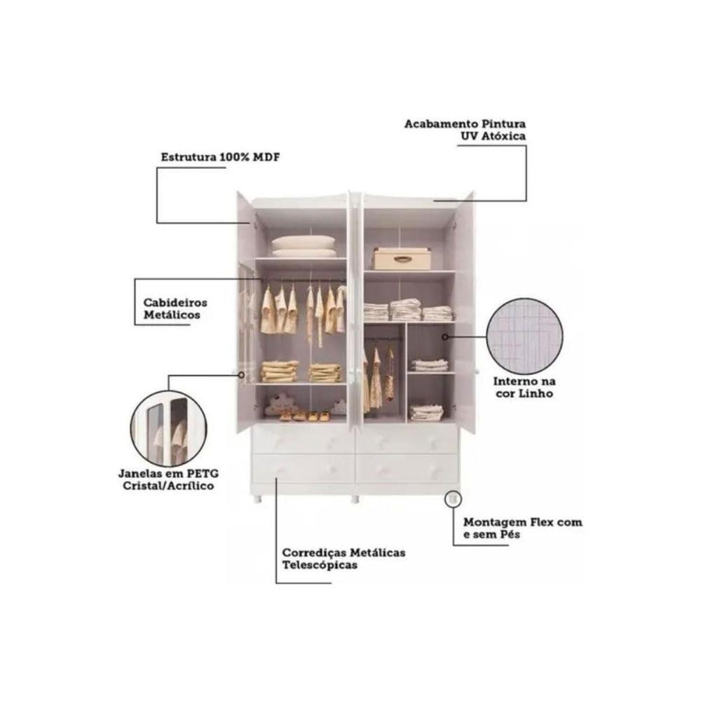 Guarda Roupa Bebê C/ 4 Portas (2 Cristal) E 4 Gavetas êlo Branco - Peroba - 4