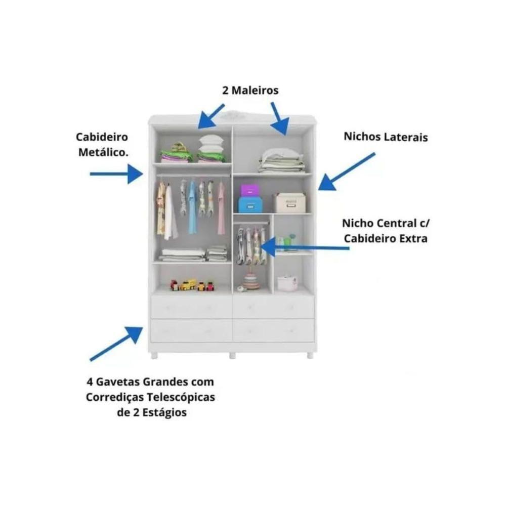 Guarda Roupa Bebê C/ 4 Portas (2 Cristal) E 4 Gavetas êlo Branco - Peroba - 6