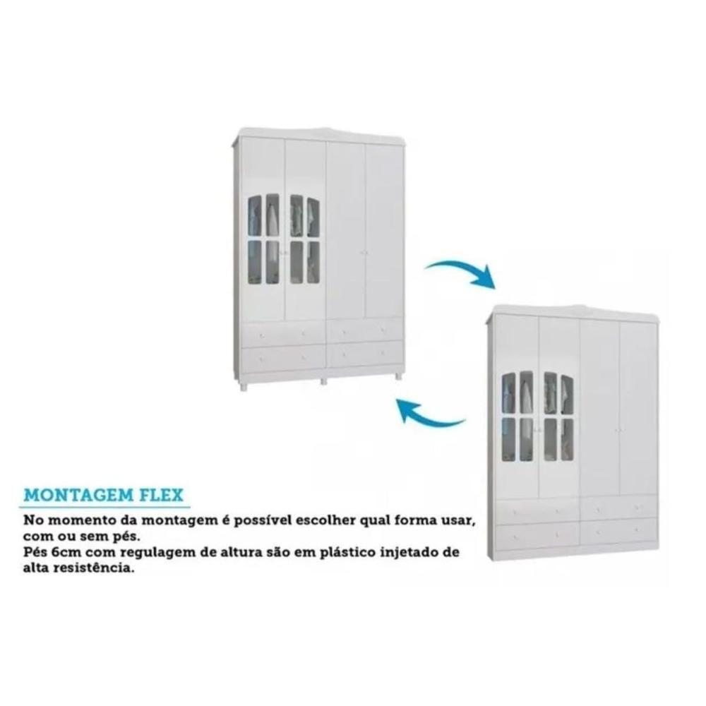 Guarda Roupa Bebê C/ 4 Portas (2 Cristal) E 4 Gavetas êlo Branco - Peroba - 7