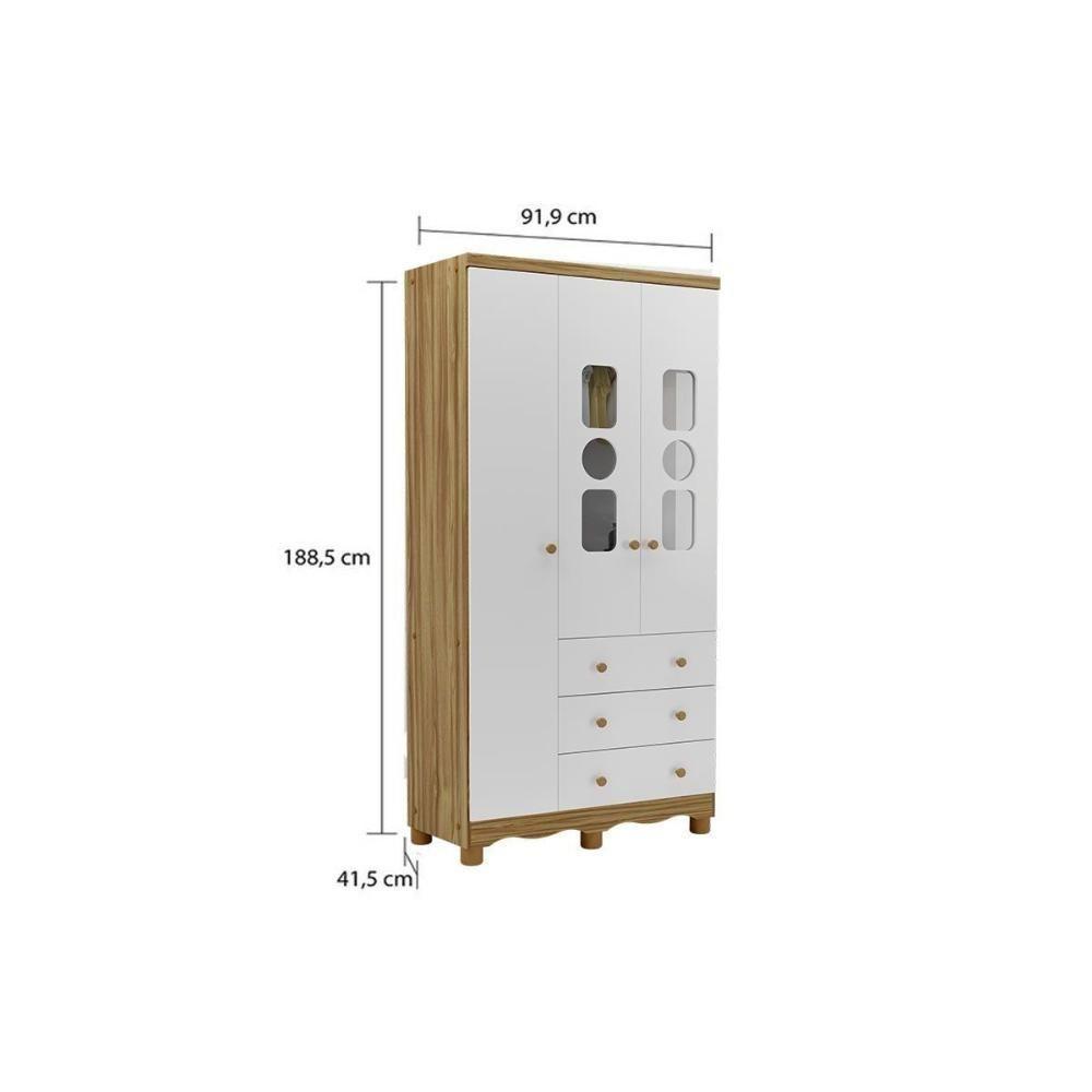 Guarda Roupa Bebê C/ 3 Portas (2 Cristal) E 3 Gavetas Tedy Branco - Peroba - 4