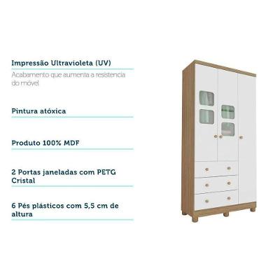 Guarda Roupa Bebê Solteiro Uli 3 Portas de Bater 3 Gavetas Branco-Amendoa MDF Móveis