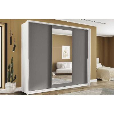 Guarda Roupa Casal Porto 3 Portas de Correr 4 Gavetas Branco-Cinza MDF-MDP Politorno