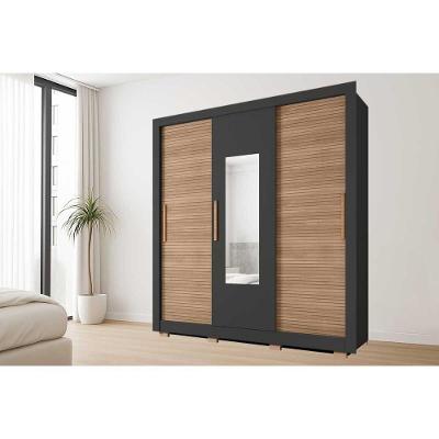 Guarda Roupa Casal 3 Portas de Correr 2 Gavetas Preto-freijo com Espelho MDF Caemmun