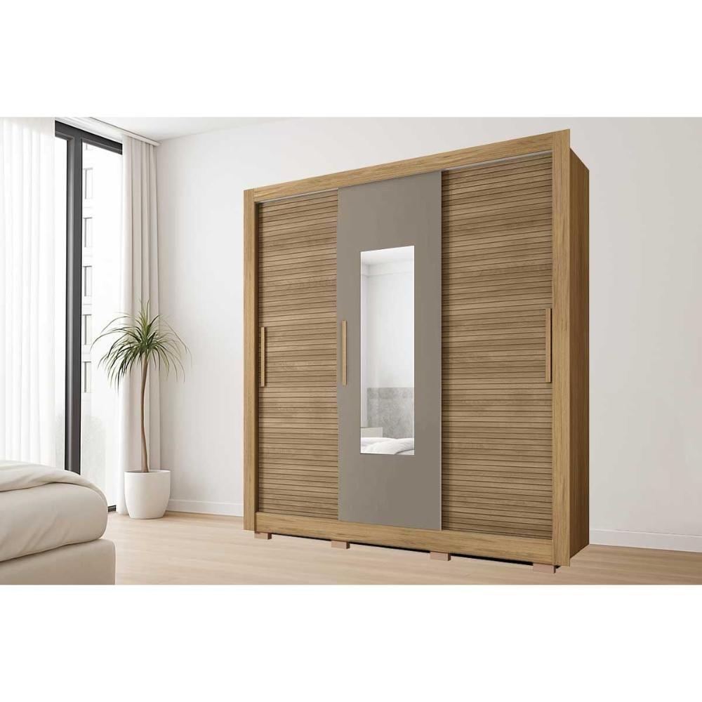 Guarda Roupa Casal 3 Portas De Correr (1 C/ Espelho) E 2 Gavetas Chile Lamina Mel/cacao - Caemmun - 1