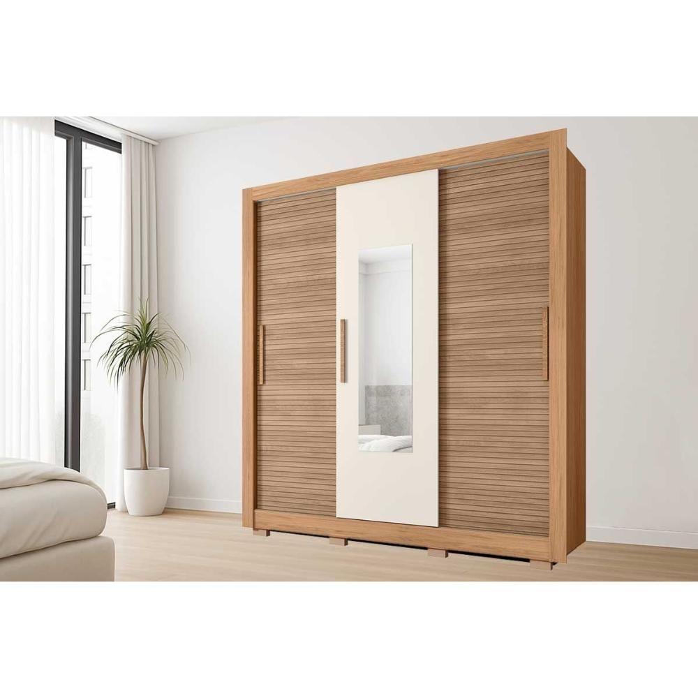 Guarda Roupa Casal 3 Portas De Correr (1 C/ Espelho) E 2 Gavetas Chile Freijo/off White - Caemmun - 1