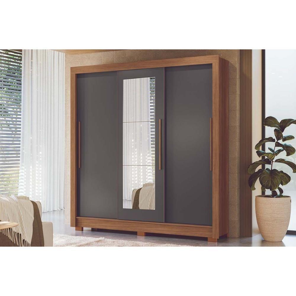 Guarda Roupa Casal 3 Portas De Correr (1 C/ Espelho) E 2 Gavetas C/ Pés Maringá Jatobá/grafite - Santos Andirá - 1