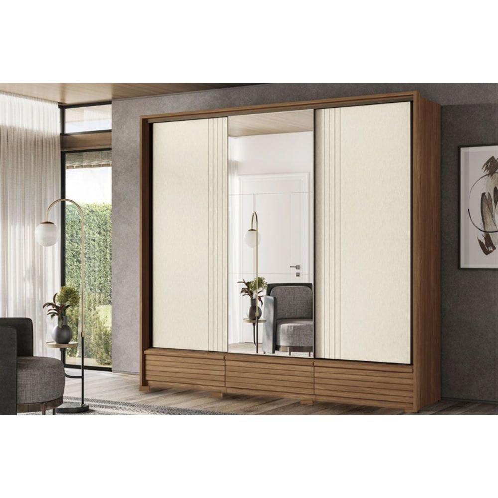 Guarda Roupa Casal 3 Portas De Correr E 5 Gavetas C/ Pés Democrata Jatoba Ou Jatoba Areia - Flex - Santos Andirá - 1