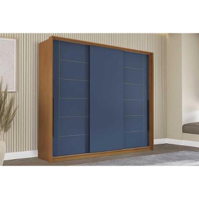 Guarda Roupa Casal 3 Portas De Correr E 4 Gavetas Lisboa Freijo/azul - Politorno