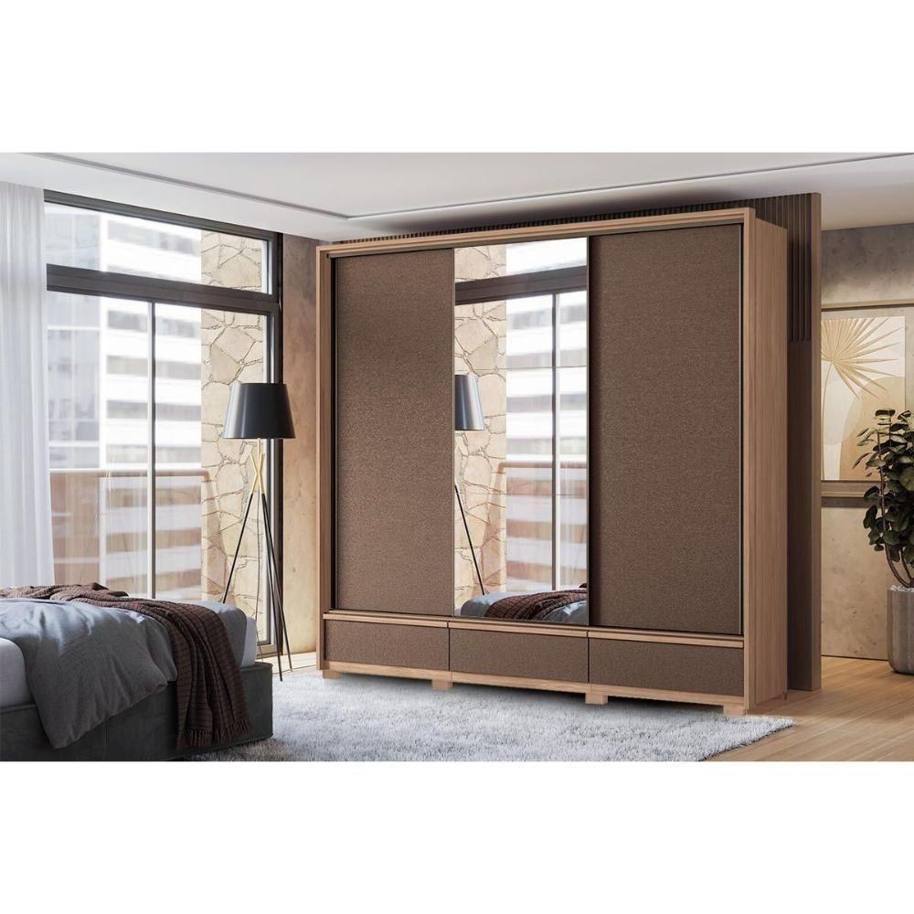 Guarda Roupa Casal 3 Portas De Correr (1 C/ Espelho) E 5 Gavetas C/ Pés Milan Wood/terracota - Santos Andirá - 1