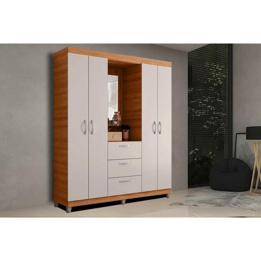 Guarda Roupa Casal 4 Portas E 3 Gavetas C/ 1 Espelho Clapton Freijo/off White - Caemmun - 1