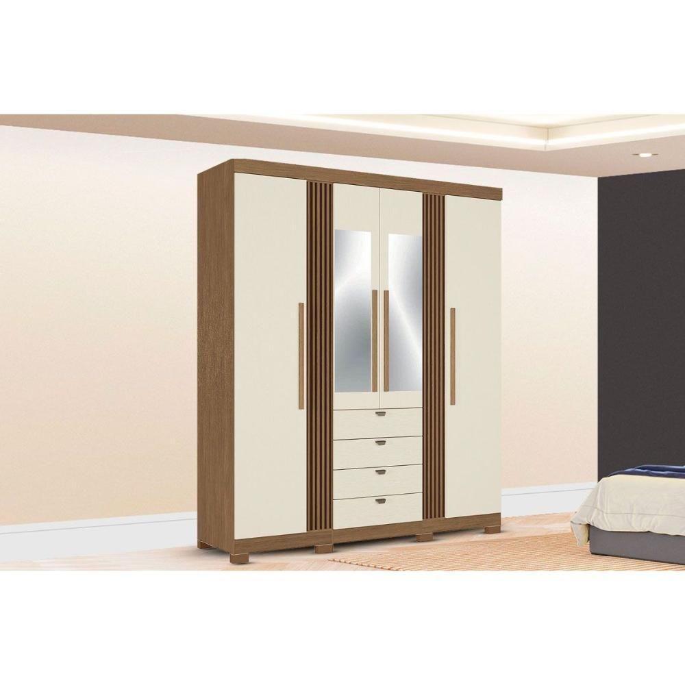 Guarda Roupa Casal 4 Portas (2 C/ Espelho) E 4 Gavetas C/ Pés Aurora 4.4 Jatoba/areia - Santos Andirá - 1