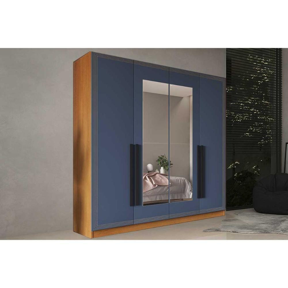 Guarda Roupa Casal 4 Portas (2 C/ Espelho) E 4 Gavetas Valência Freijo/azul - Politorno - 1