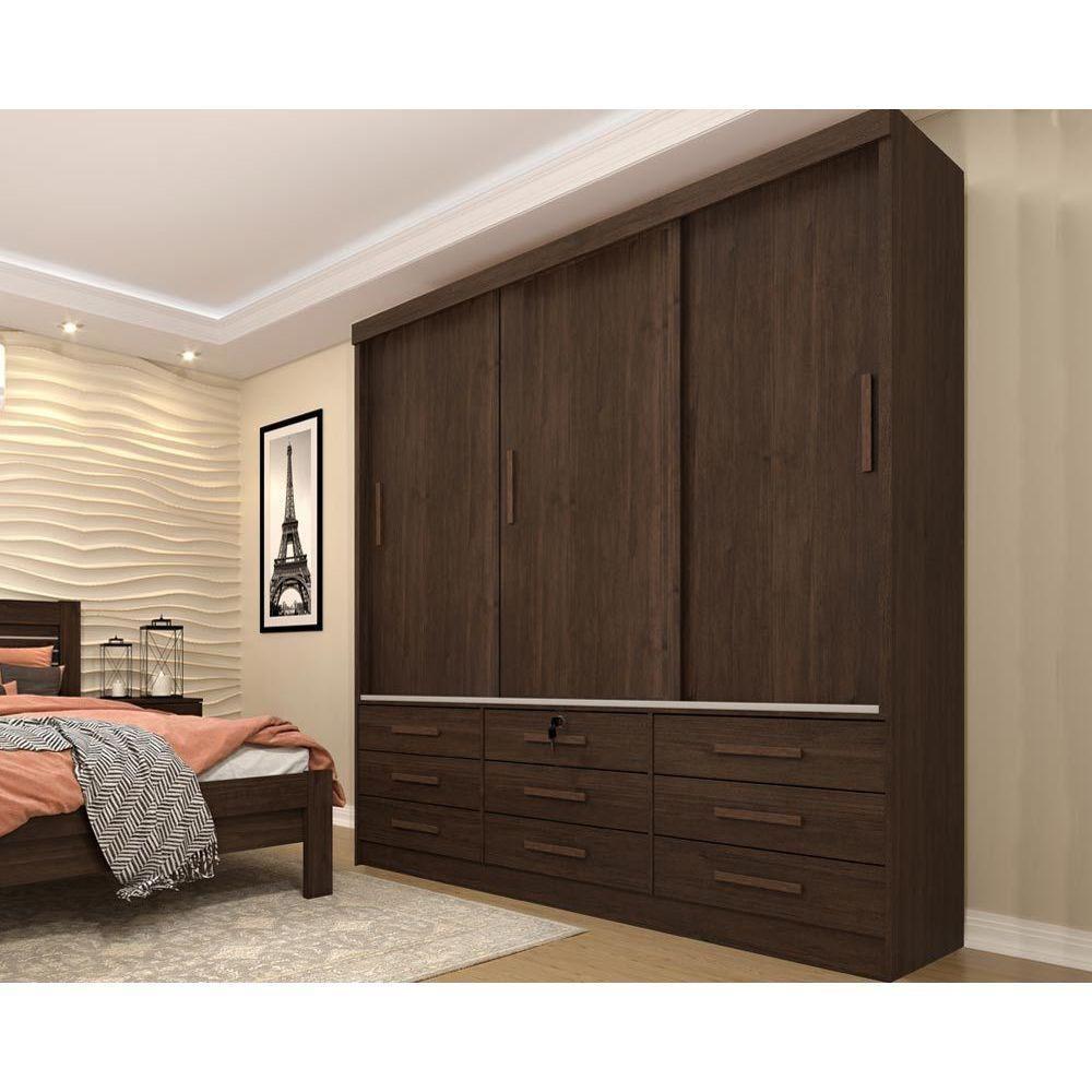 Guarda Roupa Casal 3 Portas De Correr E 9 Gavetas Chicago Cinamomo/off White - Tcil Móveis - 10