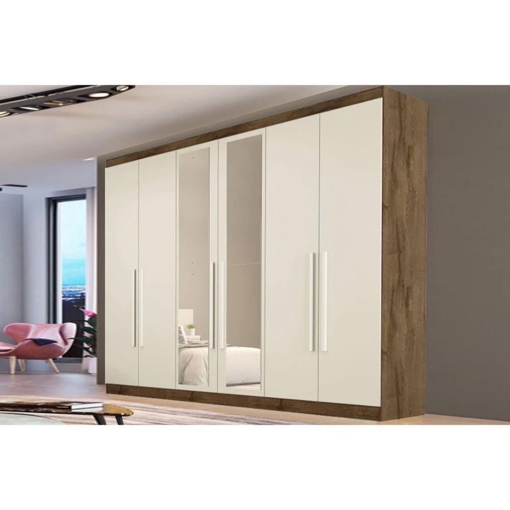 Guarda Roupa Casal 6 Portas (2 C/ Espelho) E 4 Gavetas Oslo Braúna/off White - Europa - 1