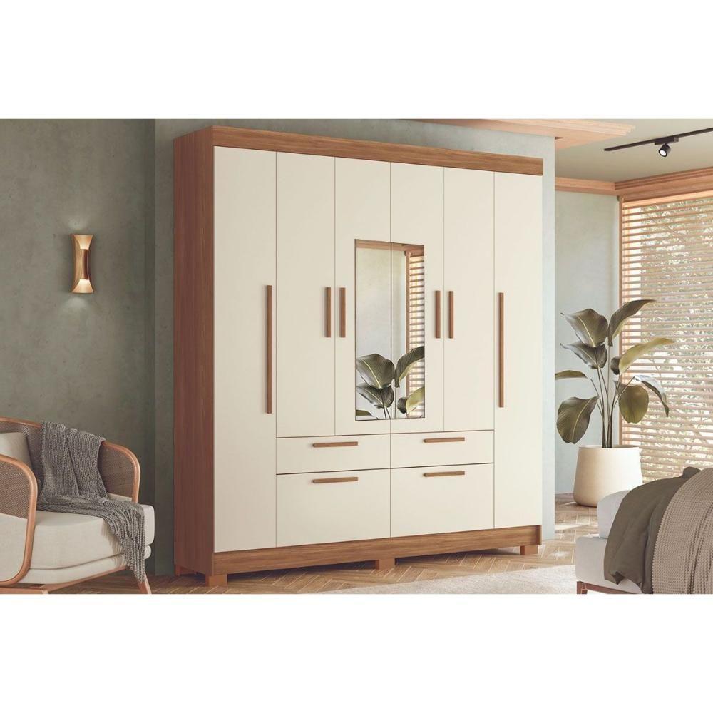 Guarda Roupa Casal 6 Portas (2 C/ Espelho) E 4 Gavetas C/ Pés Guarapuava 6.4 Jatoba/areia - Santos Andirá - 1