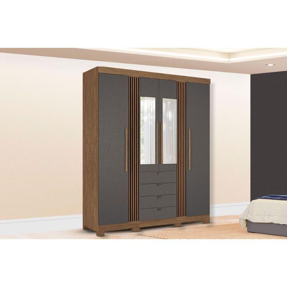 Guarda Roupa Casal 4 Portas (2 C/ Espelho) E 4 Gavetas C/ Pés Aurora 4.4 Jatobá/grafite - Santos Andirá - 1