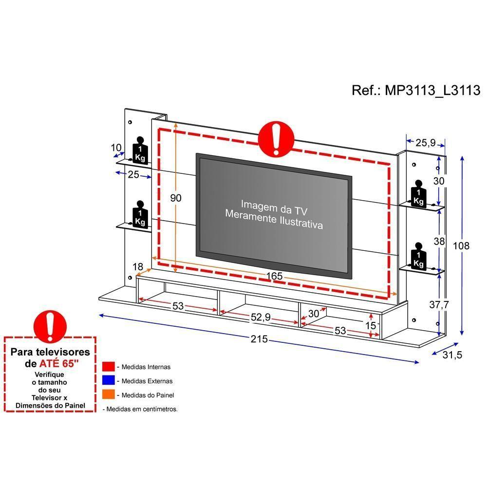 Painel Tv até 65" Prateleiras Vidro Braga Plus Multimóveis - 5