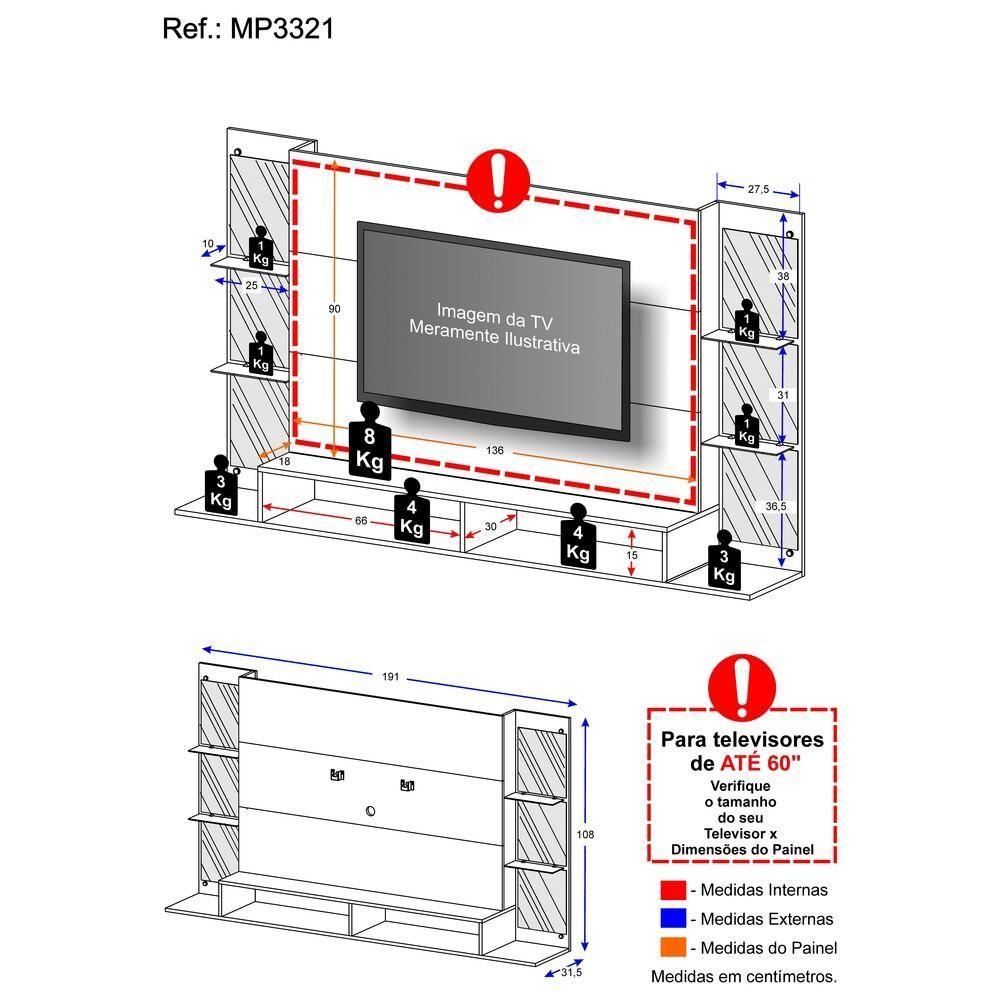 Painel Tv até 60" com Suporte Espelho Prateleira Multimóveis - 4