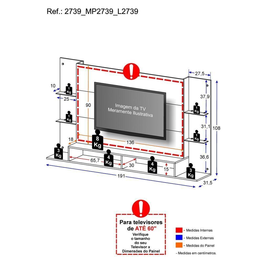 Painel Tv até 60" com Prateleiras de Vidro Braga Multimóveis - 6