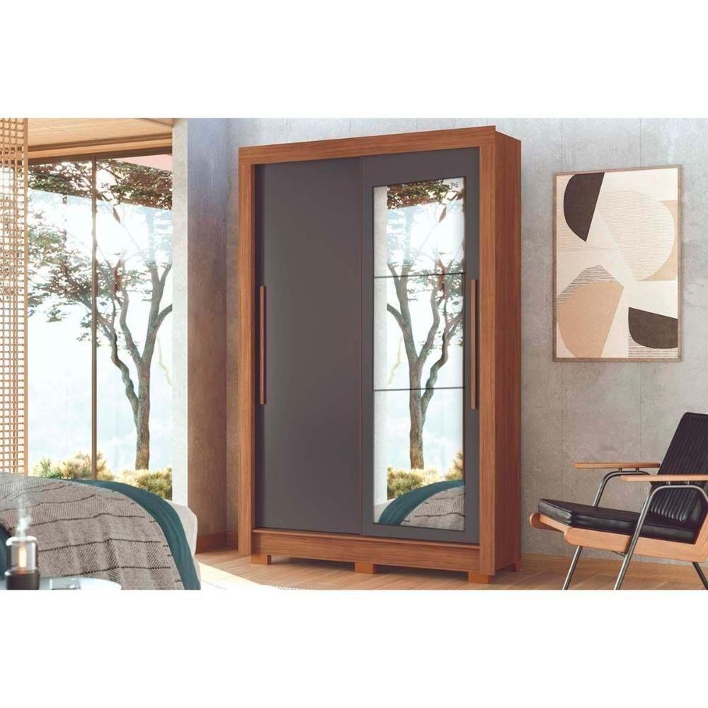 Guarda Roupa Solteiro 2 Portas De Correr (1 C/ Espelho) E 2 Gavetas C/ Pés Lapa Jatobá/grafite - Santos Andirá - 1