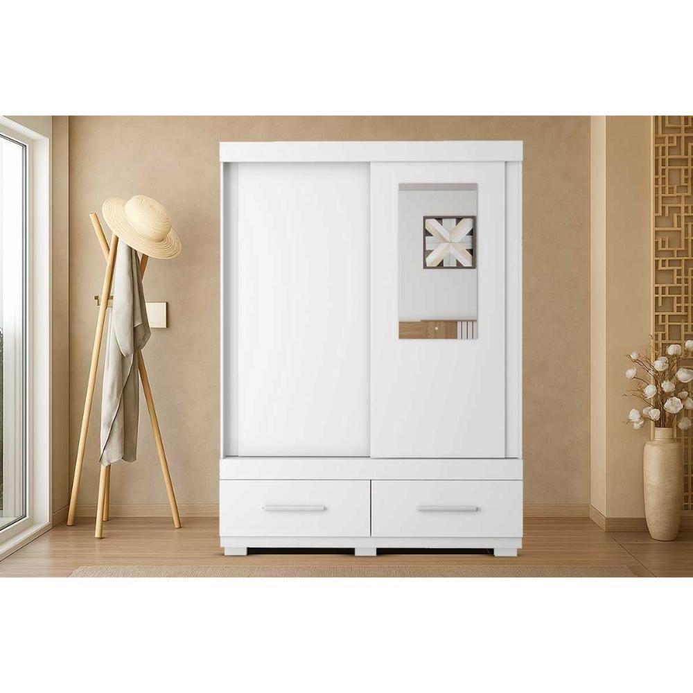 Guarda Roupa Solteiro 2 Portas De Correr (1 C/ Espelho) E 2 Gavetas Sereno Branco - Caemmun - 1