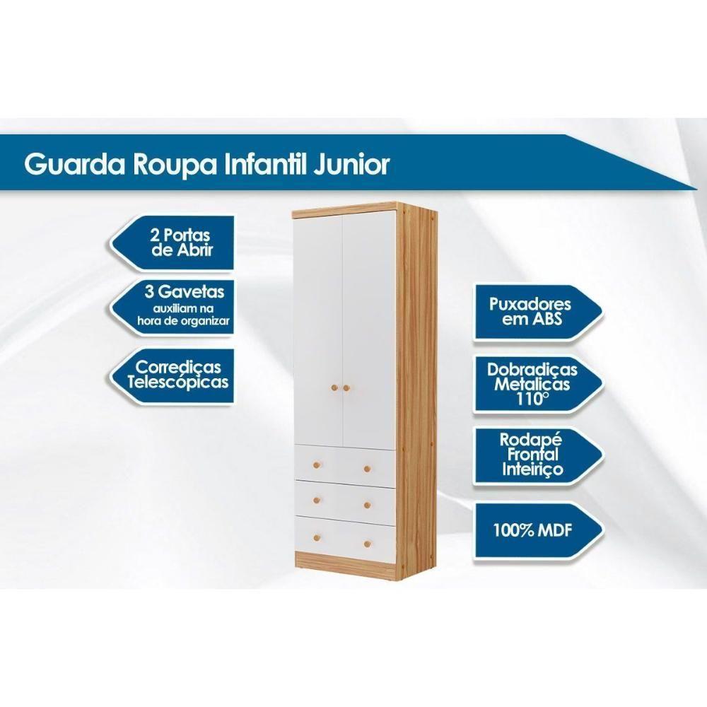 Guarda Roupa Infantil C/ 2 Portas E 3 Gavetas Júnior Branco - Peroba - 2
