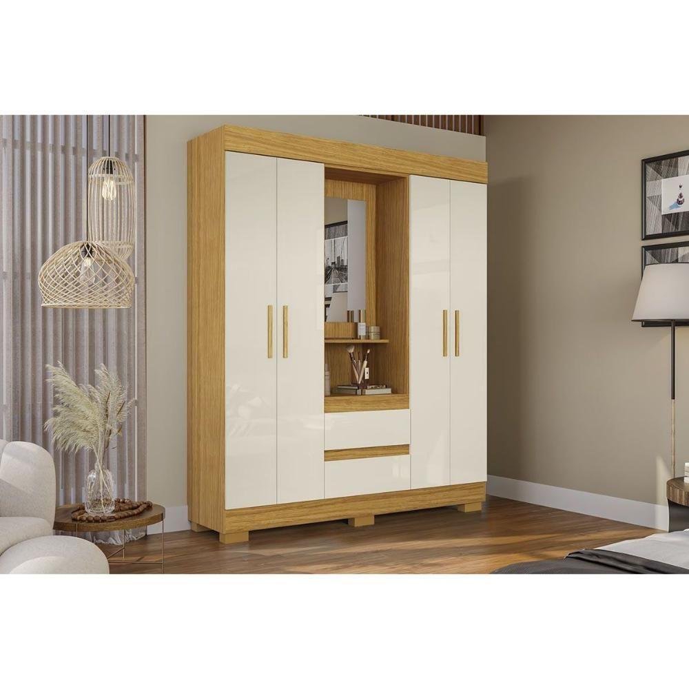 Guarda Roupa Solteiro 4 Portas E 2 Gavetas C/ 1 Espelho Isabely Nature/off White - Acp - 1