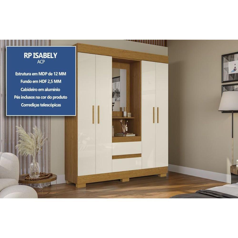 Guarda Roupa Solteiro 4 Portas E 2 Gavetas C/ 1 Espelho Isabely Nature/off White - Acp - 2