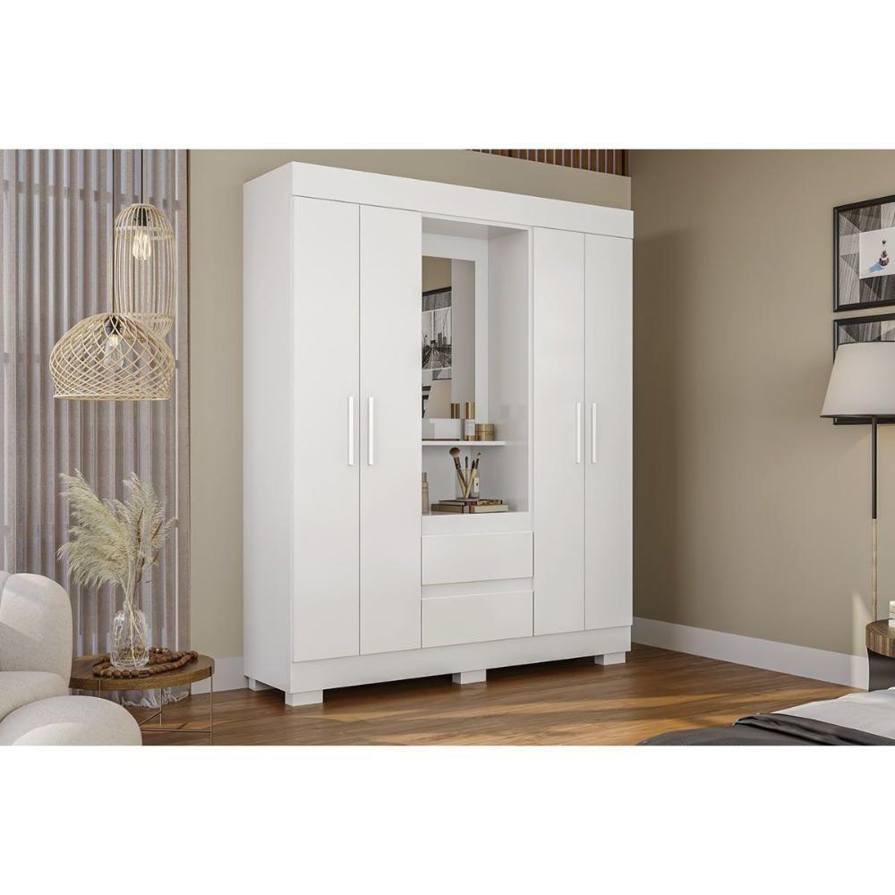 Guarda Roupa Solteiro 4 Portas E 2 Gavetas C/ 1 Espelho Isabely Branco - Acp - 1