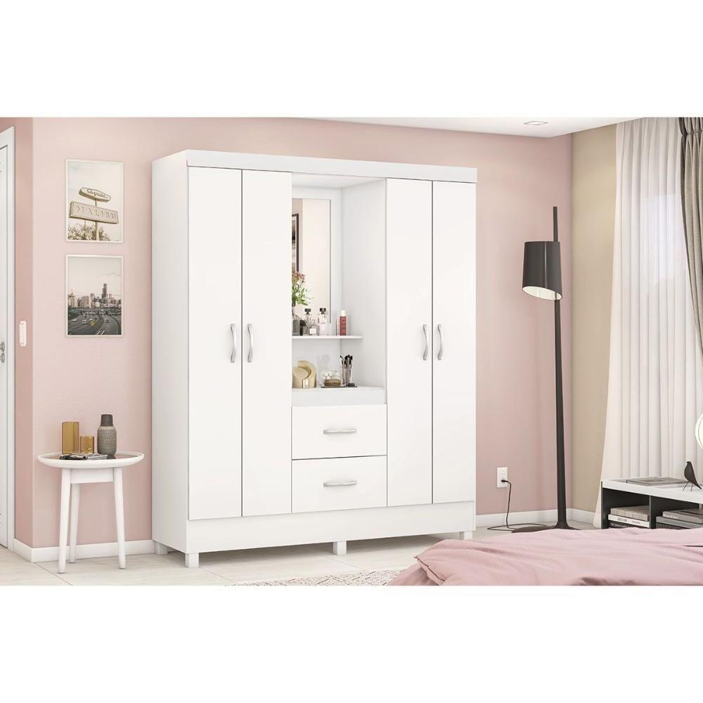 Guarda Roupa Solteiro 4 Portas E 2 Gavetas C/ 1 Espelho Capelinha Lord Branco/rosa/branco - Demóbile - 1