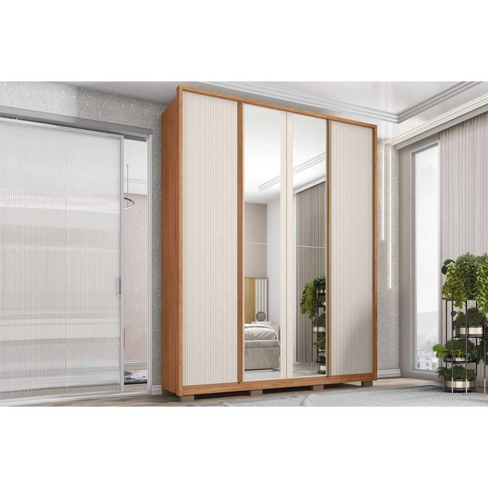 Guarda Roupa Solteiro 4 Portas (2 C/ Espelho) E 3 Gavetas Lior Lux Freijo/off White Mr - Caemmun - 1