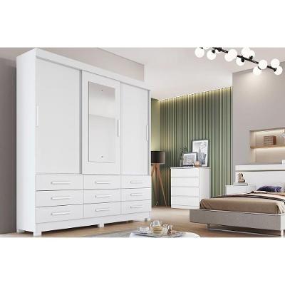 Guarda Roupa Solteiro Buriti-Jequitibá Neve 3 Portas de Correr 9 Gavetas MDP com Espelho