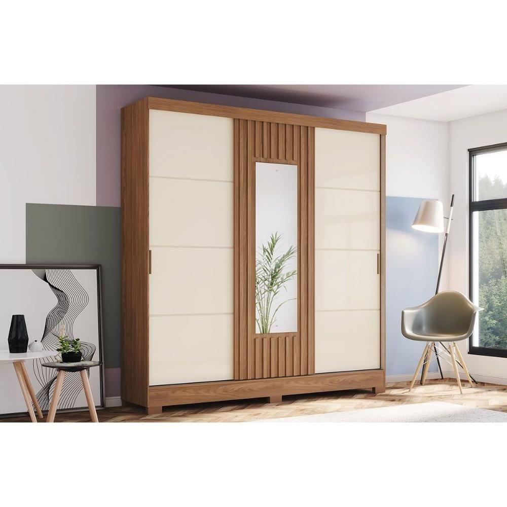 Guarda Roupa Solteiro 3 Portas De Correr (1 C/ Espelho) E 2 Gavetas C/ Pés Briz B376 Nature/off White - Henn - 1